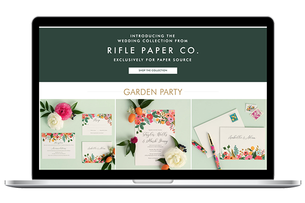 image of Rifle Paper Co Wedding landing page on a laptop computer